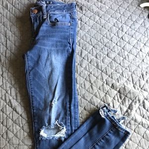 dark wash, ripped skinny jeans